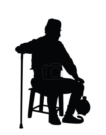 Illustration for Traditional wear folklore Serbia old man sitting on chair with stick vector silhouette isolated. Balkan culture grandfather vintage heritage dress male East Europe. Veteran warrior in shack, opans. - Royalty Free Image
