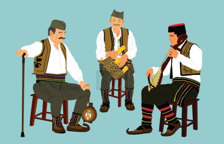 Illustration for Traditional wear folklore Serbia old man sitting vector illustration. Balkan culture grandfathers vintage dress male with villager friends who crown corn cob on farm listening guslar play gusle music. - Royalty Free Image