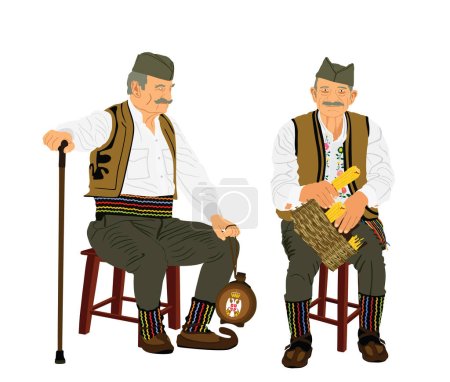 Téléchargez les illustrations : Vêtements traditionnels folklorique Serbie vieil homme assis sur une chaise avec illustration vectorielle bâton isolé. culture balkanique grands-pères robe vintage mâle avec des amis villageois qui couronnent le maïs par les mains à la ferme - en licence libre de droit