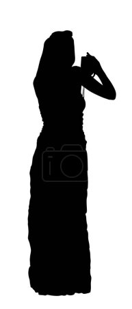 Illustration for Elegant girl in dress take photography with camera vector silhouette isolated. Paparazzi shooting lady photo reporter duty. Journalist female work breaking news. Wedding fashion photographer woman. - Royalty Free Image