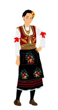 Téléchargez les illustrations : Vêtements traditionnels danseuse folklorique de Serbie jouer kolo illustration vectorielle de danse fond isolé. Femme robe vintage de culture balkanique d'Europe. Dame souriante dansant en robe d'héritage - en licence libre de droit