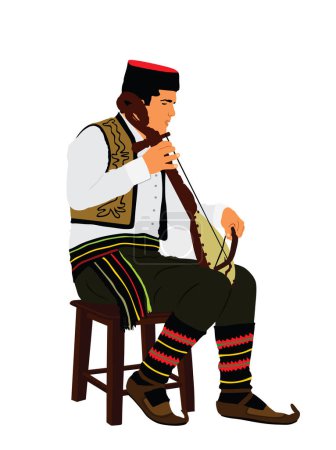Guslar toca gusle, instrumento de música tradicional de Serbia y Montenegro vector ilustración aislado. Vintage vestido músico balcánico y cantante. Folklore artista evento Europa del Este cultura.