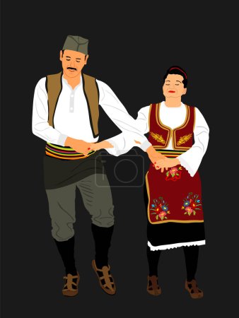 Illustration for Traditional wear folklore dancers couple from Serbia play kolo dance vector illustration isolated on background. Balkan culture vintage dress dancers from Europe. Man and woman dancing holding hands. - Royalty Free Image