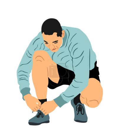 Illustration for Sport man tying laces on sneakers vector illustration isolated on white background. Athlete sport  runner. Fit boy fix shoestring. Active sportsman tying shoelaces. Pause on jogging active health care. - Royalty Free Image