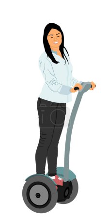 Illustration for Tourist girl standing and riding electric scooter vector illustration isolated on white background. Woman traveling with rental vehicle city tour on vocation. Urban transportation by two wheels. - Royalty Free Image
