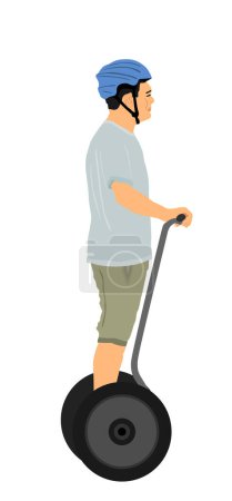 Illustration for Tourist man standing and riding electric scooter vector illustration isolated on white background. Man traveling with rental vehicle city tour on vocation. Urban transportation boy by two wheels. - Royalty Free Image