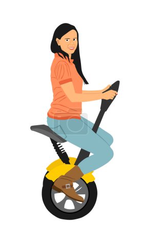 Illustration for Tourist girl sitting and riding electric scooter vector illustration isolated on white background. Woman traveling with rental vehicle city tour on vocation. Urban transportation by two wheels. - Royalty Free Image