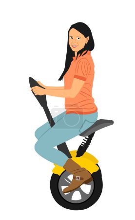 Illustration for Tourist girl sitting and riding electric scooter vector illustration isolated on white background. Woman traveling with rental vehicle city tour on vocation. Urban transportation by two wheels. - Royalty Free Image