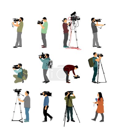 Illustration for Collection of Cameraman follows event vector illustration isolated. Concert reporter on duty. Breaking news in studio. Broadcast in live election presentation. Video technology. Camera man outdoor job - Royalty Free Image