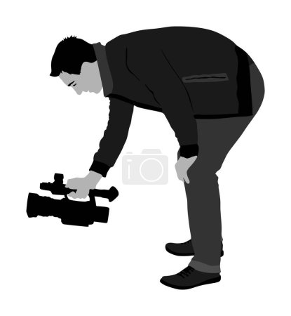 Illustration for Cameraman with video camera on sport event vector illustration isolated on background. Concert reporter on duty. Breaking news in studio. Broadcast in live. Video technology. - Royalty Free Image