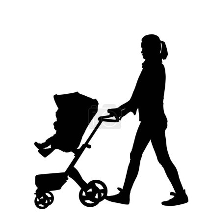 Illustration for Happy family enjoying outdoor vector silhouette illustration isolated on white background. Mothers day. Mom and baby in pram daughter walking shape shadow. Love tenderness in public. Girl and parent. - Royalty Free Image