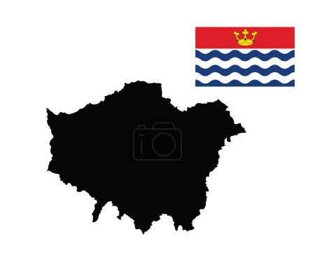 Illustration for Greater London map vector silhouette illustration isolated on white background. London map flag of main town in United Kingdom and in England country. Greater London flag over map shape shadow. - Royalty Free Image