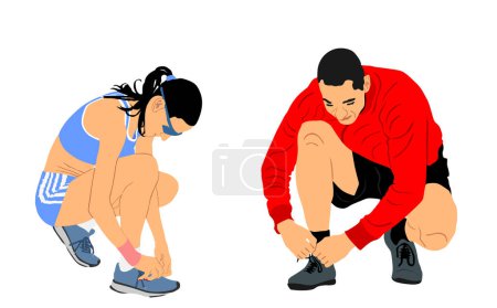 Illustration for Sport couple woman and man tying laces on sneakers vector illustration isolated. Athlete sport  runner. Fit boy fix shoestring. Active sportsman tying shoelaces. Pause jogging girl active health care. - Royalty Free Image