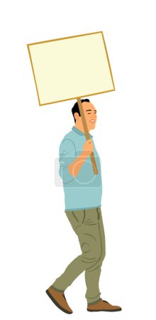 Demonstrator man protester hold banner in hand vector illustration isolated. Hand holding protest placard sign on demonstration, revolution meeting. Loud boy angry laborer with poster on street event