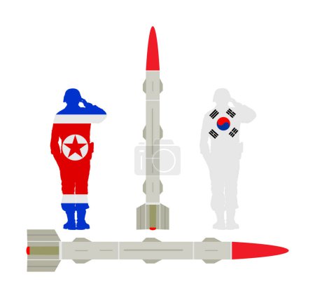 Illustration for North Korea flag soldier silhouette missile Rocket against South Korea flag soldier shape vector. War threat. Powerful army weapon battle vs enemy. Doomsday alert. National symbol nuclear bomb rocket. - Royalty Free Image