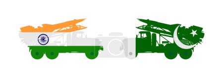 Illustration for Artillery Launcher truck vector illustration. India Missile Rocket carrier with nuclear bomb against Pakistan launcher. War threat. Powerful army weapon for battle. Doomsday alert. Enemy top secret. - Royalty Free Image