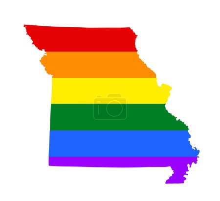 Illustration for LGBT flag gay Missouri map vector silhouette illustration isolated on white background. United state of America country. Missouri rainbow flag. Lesbian and bisexual rights. Homosexual pride. - Royalty Free Image