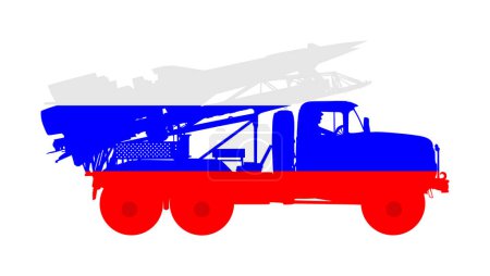 Illustration for Artillery Launcher truck vector illustration. Russia missile rocket carrier with nuclear bomb protect sky border. Military war threat. Army top secret weapon for battle against enemy. Doomsday alert. - Royalty Free Image