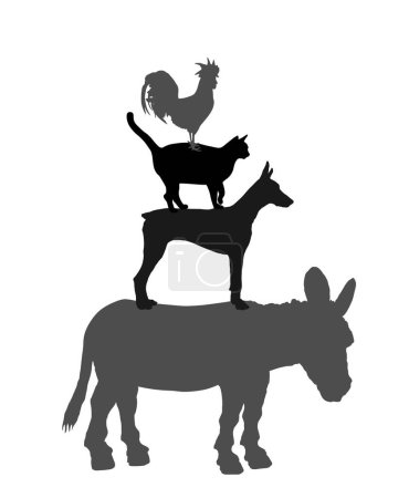 Illustration for Town Musicians of Bremen, the statue vector silhouette illustration isolated on white background. loud animals symbol pyramid. Donkey, dog, cat and cock rooster. Popular fairy tale illustration. - Royalty Free Image