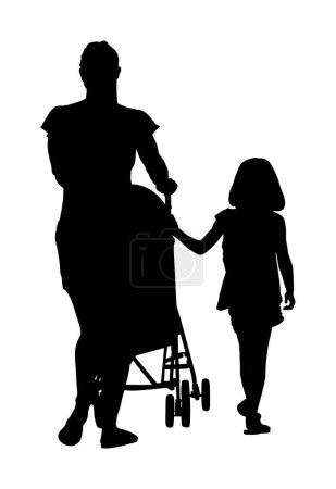Happy family enjoying holding hands vector silhouette illustration isolated. Mothers day. Mom and baby in pram with daughter walking. Love and tenderness relaxation in public. Teen girl and parent.
