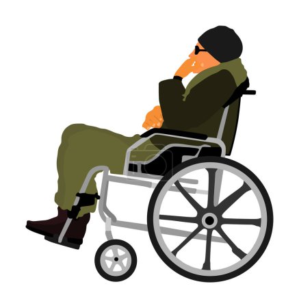 Mature injured man patient sitting in wheelchair vector illustration isolated. Health care support vehicle for collapsed person. Hospital care senior male during rehabilitation recovery activity.