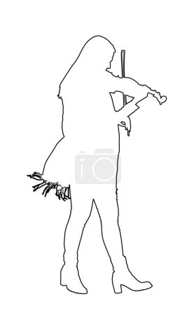 Woman playing violin vector line contour silhouette illustration isolated on white background. Street artist girl performer. Violinist lady concert.