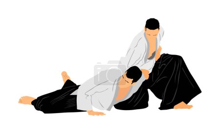 Fight between two aikido fighters vector illustration isolated on white background. Sparring on training action. Self defense skills fighter, exercise concept. Traditional warriors. 