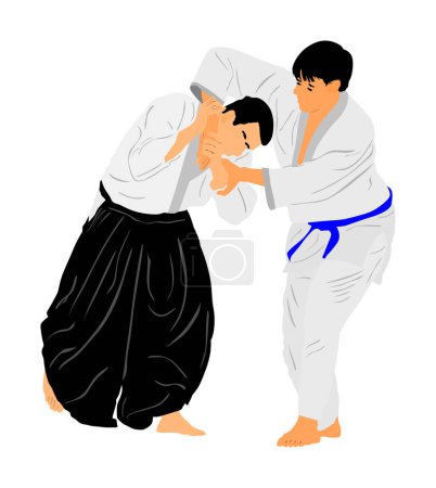 Fight between two aikido fighters vector illustration isolated on white background. Sparring on training action. Self defense skills fighter, exercise concept. Traditional warriors. 