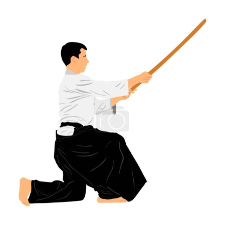 Aikido fighter vector illustration isolated on white. Training action. Self defense exercising concept. Aikido instructor demonstrate skill with katana. Traditional warrior from Asia. Kendo fight.