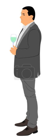 Businessman drinking wine vector illustration isolated. Handsome elegant senior man in suite toasting. Break relaxation after work. Drink beer in bar. Social live beverage celebration. Nightlife quest