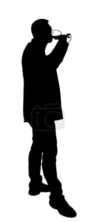 Businessman drinking wine vector silhouette illustration isolated. Handsome elegant man toasting, break relaxation after work. Boy drink beer in bar. Social live beverage celebration. Nightlife quest.