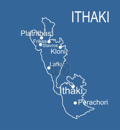 Grecia isla Ithaki mapa vector línea contorno silueta ilustración aislado sobre fondo azul. Ithaca mapa isla cerca de la Cefalonia.
