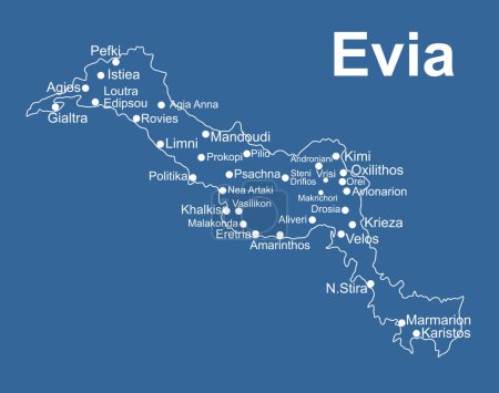Île grecque Eubée carte ligne contour vecteur silhouette illustration isolé sur fond bleu. Carte d'Evia silhouette, île de Grèce.