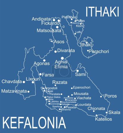 Grecia isla Cefalonia mapa vector línea contorno silueta ilustración aislado sobre fondo azul. Ithaki mapa, Ithaca mapa isla cerca de la Cefalonia.