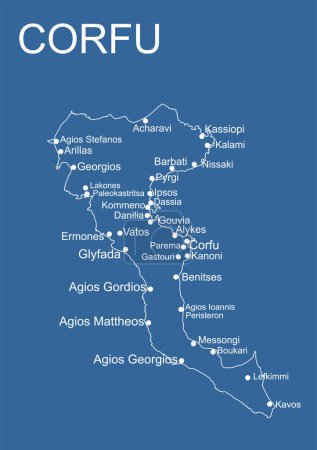 Illustration for Greece island Corfu map vector line contour silhouette illustration isolated on blue background. Greek paradise island. - Royalty Free Image