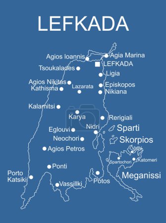 Ilustración de Grecia isla Lefkada mapa vector línea contorno silueta ilustración aislado sobre fondo azul. Paraíso griego Isla Jónica. - Imagen libre de derechos