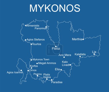 Téléchargez les illustrations : Grèce île de Mykonos carte vectorielle ligne contour silhouette illustration isolé sur fond bleu. - en licence libre de droit