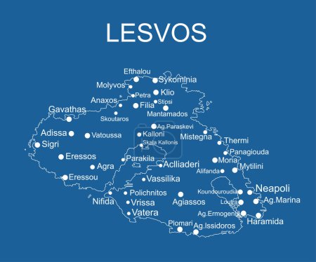 Téléchargez les illustrations : Grèce île de Lesvos carte vectorielle ligne contour silhouette illustration isolé sur fond bleu. Carte de Lesbos Haut détaillé. - en licence libre de droit