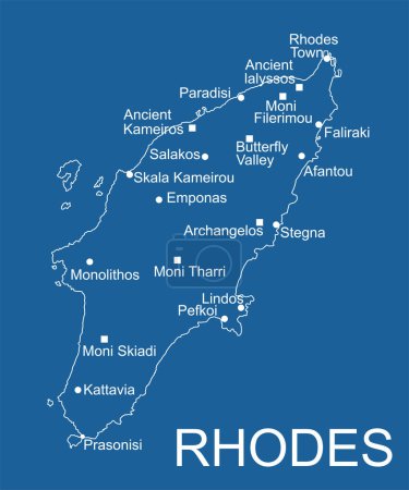 Téléchargez les illustrations : Grèce île de Rhodes carte contour de ligne vectorielle isolé sur fond bleu. Illustration haute silhouette détaillée. Grèce île paradisiaque. - en licence libre de droit