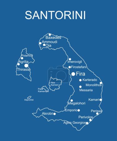 Illustration for Greek Island of Santorini map line contour vector silhouette illustration isolated on blue background. Ionian island of Cyclades archipelago symbol. Greece territory. - Royalty Free Image