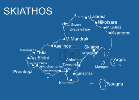 Téléchargez les illustrations : Grèce île de Skiathos carte vectorielle ligne contour silhouette illustration isolé sur fond bleu. - en licence libre de droit