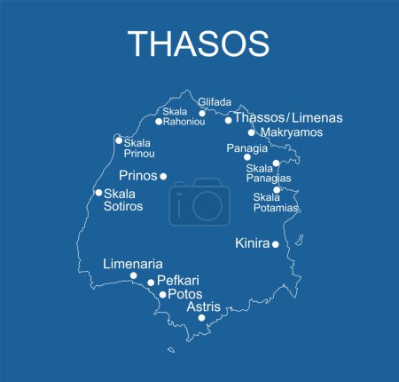 Isla griega Tasos mapa vector línea contorno silueta ilustración aislado sobre fondo azul. Thassos mapa en Grecia. Mar Egeo paraíso isla territorio.
