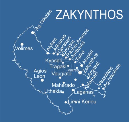 Téléchargez les illustrations : Grèce Île ionienne de Zakynthos carte (Zakinthos) illustration de silhouette de contour de ligne vectorielle isolé sur fond bleu. - en licence libre de droit