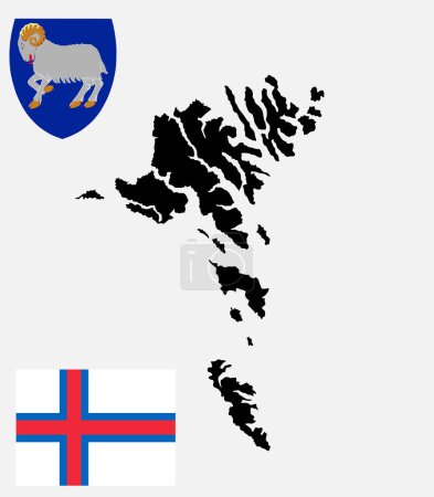 Illustration for Faeroe Islands map vector silhouette illustration isolated on white background. Faeroe Islands flag and coat of arms. Denmark territory. Europe state. National symbol emblem banner. - Royalty Free Image