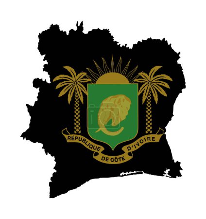 Ivory Coast map and coat of arms vector silhouette illustration isolated on white background. National symbol of country in Africa. Ivory Coast emblem banner over map.