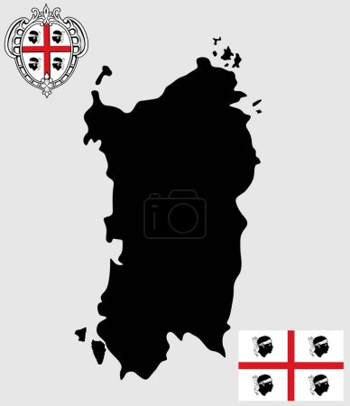 Illustration for Sardinia map vector silhouette illustration isolated on white background. Province region of Italy. Mediterranean island Sardinia with coat of arms flag of Sardegna. Region symbol of Italian province. - Royalty Free Image