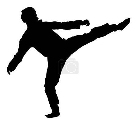 Illustration for Taekwondo fighter vector silhouette isolated. Sparring on training action. Self defense skills exercising concept. Warriors in the martial arts battle. Sportsman in kimono. Worming up, sport skills. - Royalty Free Image