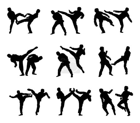 Illustration for Fight between taekwondo fighters vector silhouette illustration isolated. Sparring training action. Self defense skill exercising. Warrior martial art battle. Sport man combat competition. Brave boy. - Royalty Free Image