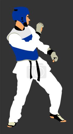 Illustration for Taekwondo fighter vector  illustration isolated. Sparring training action. Self defense skills exercise. Warriors in the martial arts battle. Sportsman in kimono. Worming up, sport skills. - Royalty Free Image