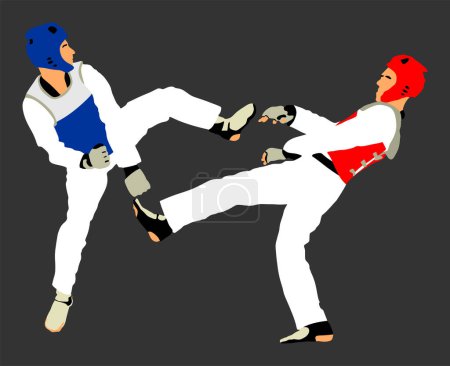 Fight between taekwondo fighters vector illustration isolated. Sparring on training action. Self defense skills exercising. Warriors martial arts battle. Sport man combat competition. Brave boy fight.